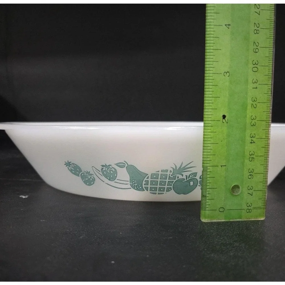 Glasbake‎ Divided Casserole Dish J-2352, Aqua Turquoise Fruit Design Milk Glass